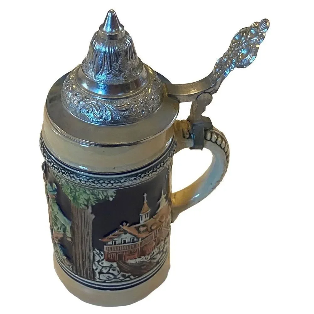 Vintage German Beer Stein 7” - Pewter Lid